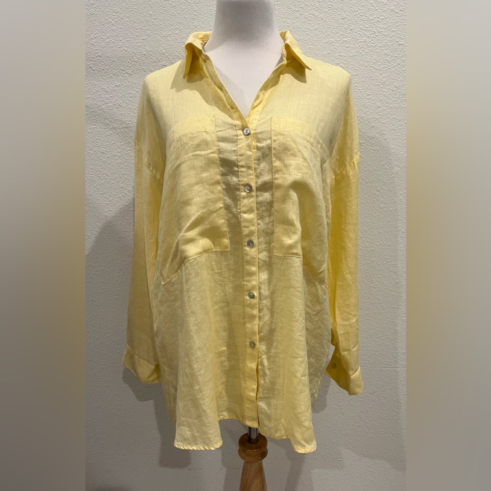 New MAGASCHONI Womenâs Linen Roll Tab Sleeve Button Down Shirt Medium Yellow Top